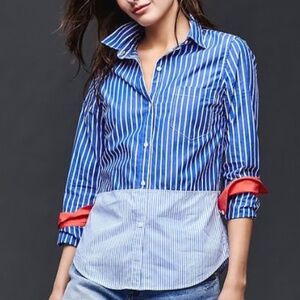 Gap Women XS Striped Color Block Button Down Shirt Business Casual Blue Preppy